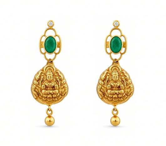 Emerald Motif Lakshmi Divine Drop 22 KT Precious Stone Earrings