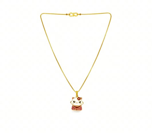 22KT Gold Pink & White Kitty Kids Necklace